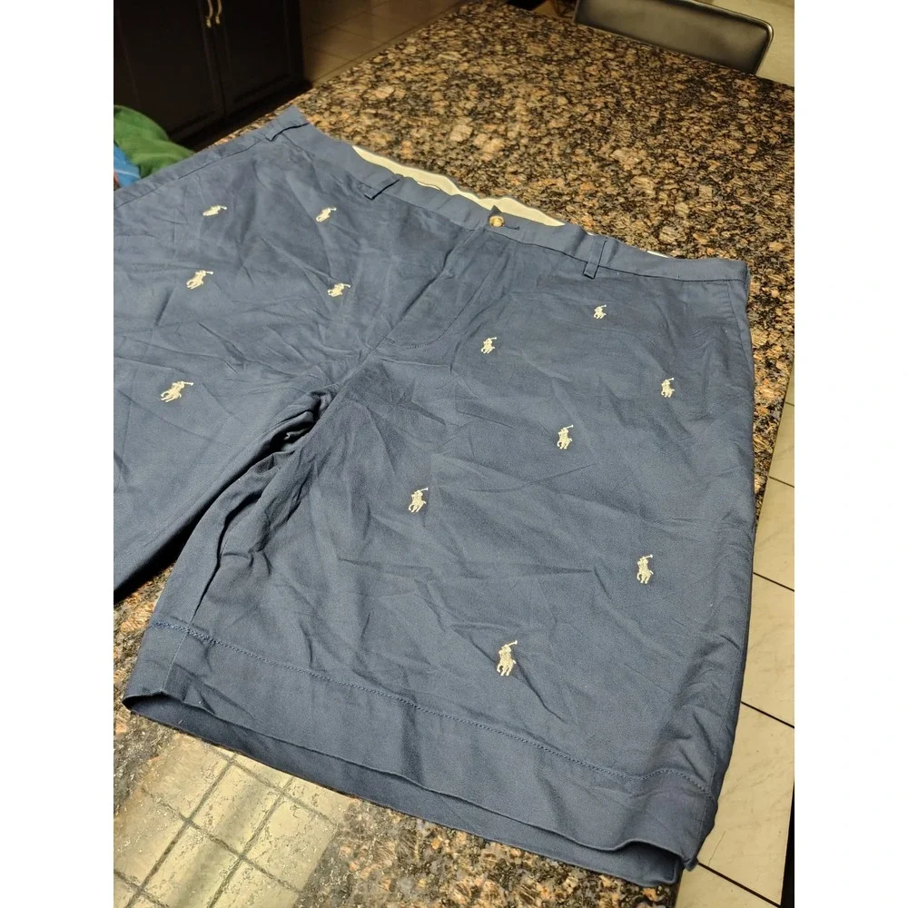Polo Ralph Lauren Mens Navy Blue All Over Pony Logo Chino Shorts 44 Classic Fit